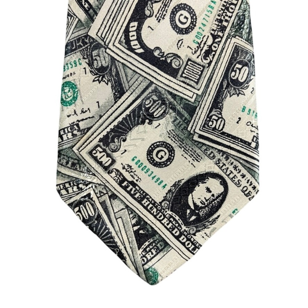 D.B. Mens Money Print Necktie Green Cream US Currency Novelty Tie 4 Inch Width